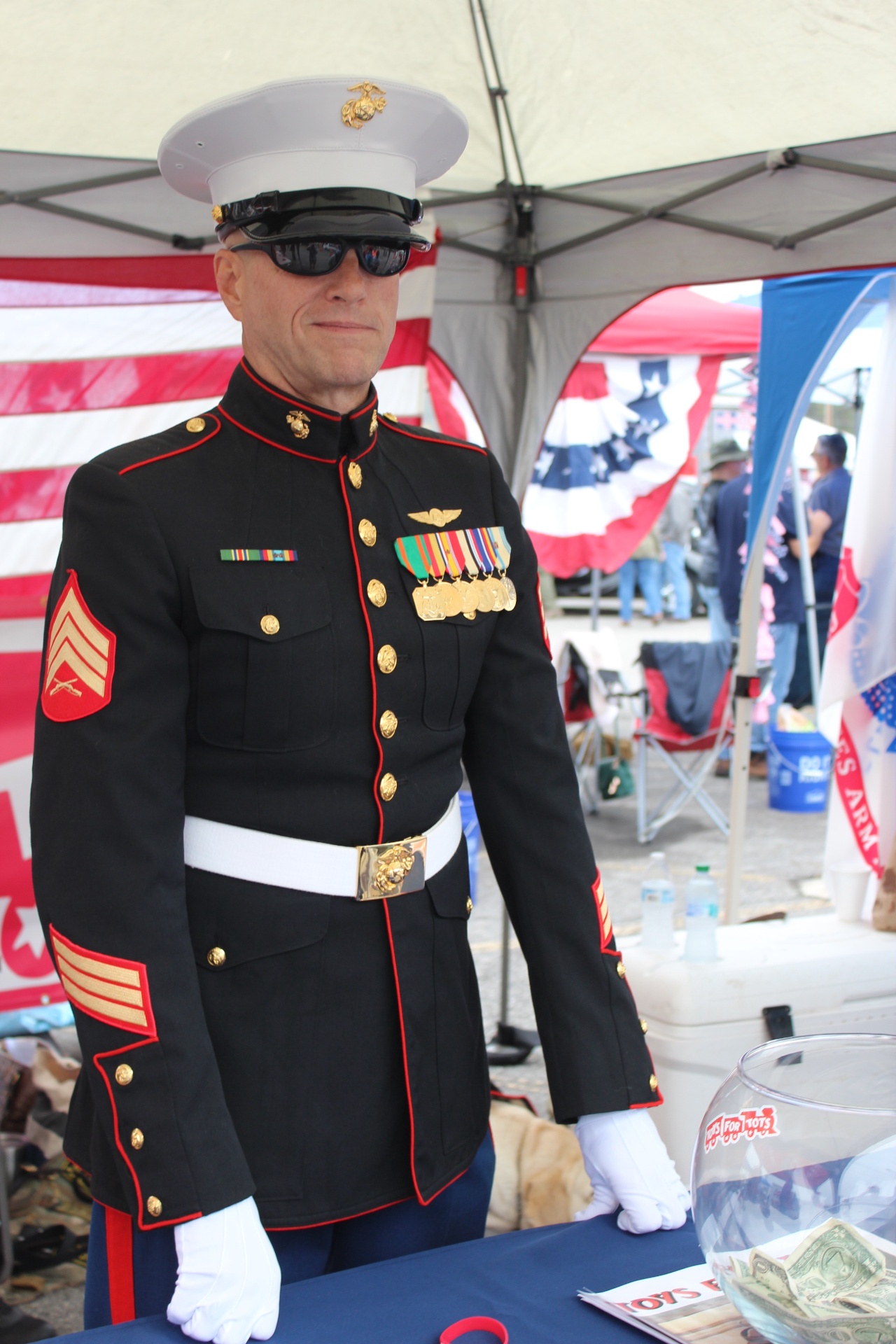 US Marine in Dress Blues at the Toys for Tots tent